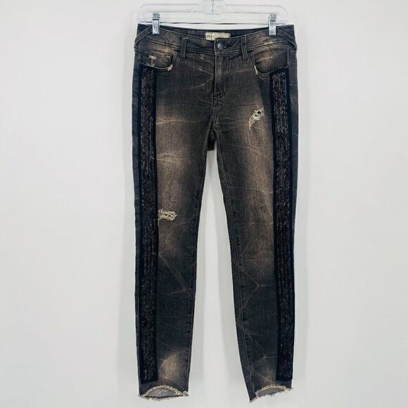 Free People Size 26 Black Distressed Solstice Sequin Tuxedo Skinny Jeans - Picture 1 of 12